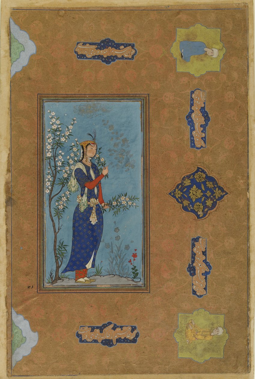 喷花的女人，约 1575 年（纸上不透明水彩和金色） 作者 波斯学校