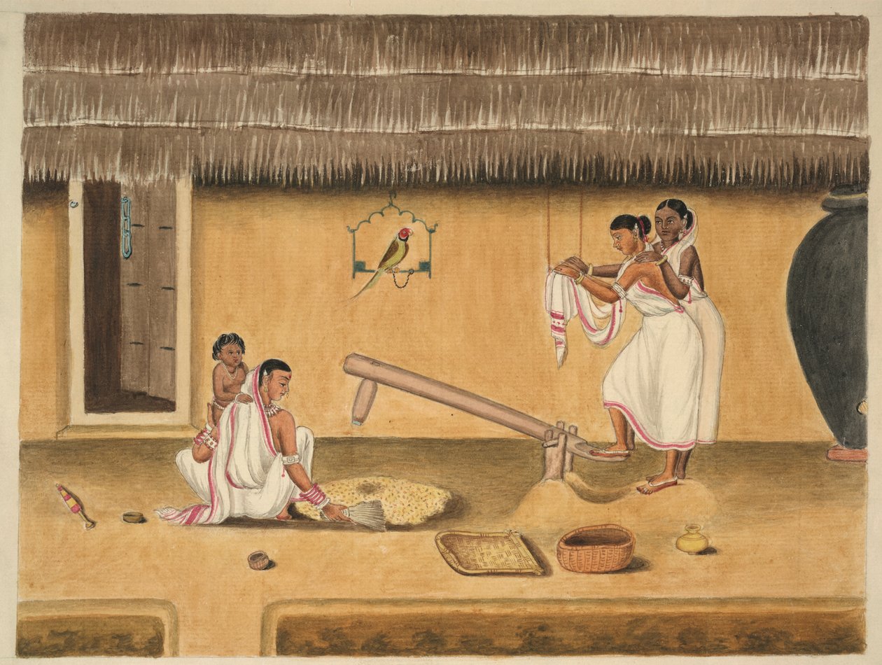 妇女用簸箕砻谷，约 1840 年（纸面水彩画） 作者 波斯学校