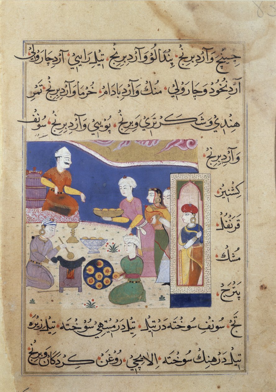 f.83v 为曼都苏丹准备糖果，摘自印度烹饪手稿（牛皮纸） 作者 波斯学校