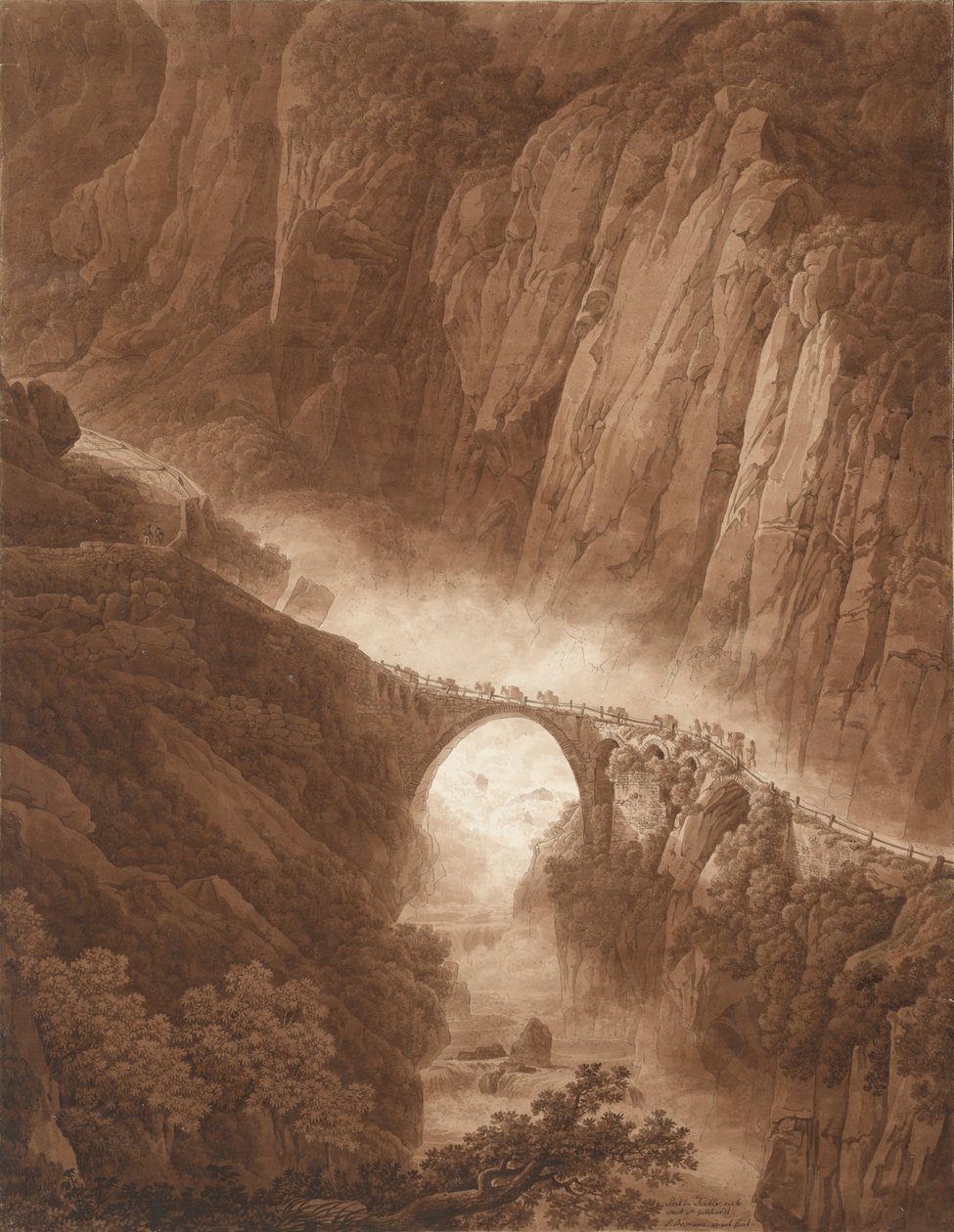 位于Schöllenen峡谷的魔鬼桥，在1805年之前穿过圣哥达山口的圣哥达山口 作者 彼得·伯曼