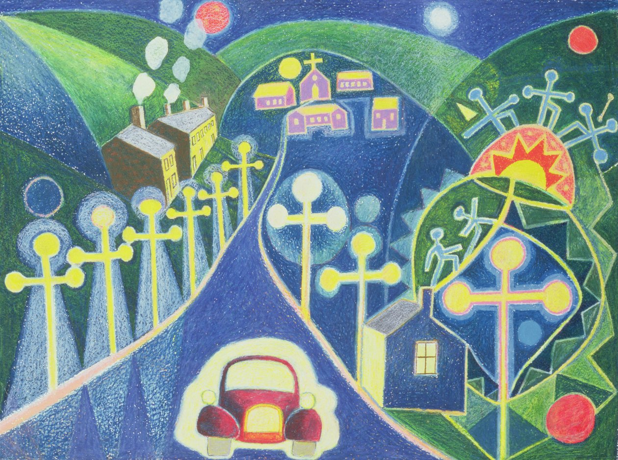 神秘村庄，1985年（纸上油画） 作者 彼得·戴维森