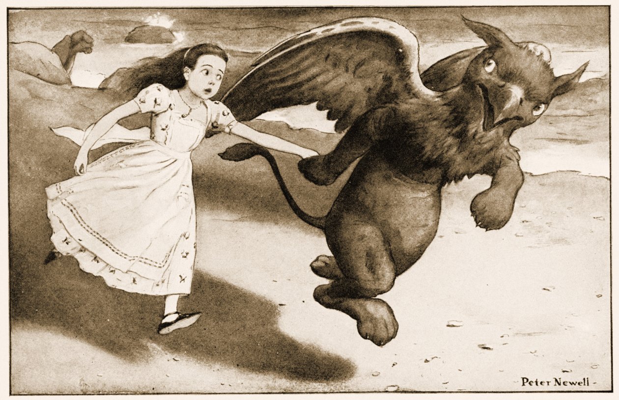 “来吧！”狮鹫叫道，“刘易斯卡罗尔的爱丽丝梦游仙境”中的插图，1901年 作者 彼得·纽维尔