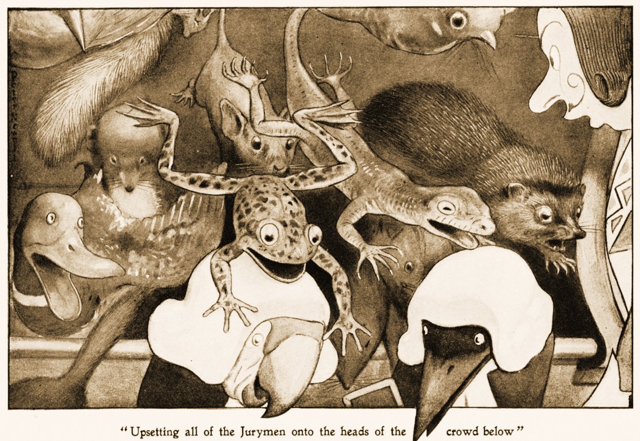 让所有的陪审员不知所措，下面是人群的头像，1901年Lewis Carrolls Alices Adventures in Wonderland的插图 作者 彼得·纽维尔
