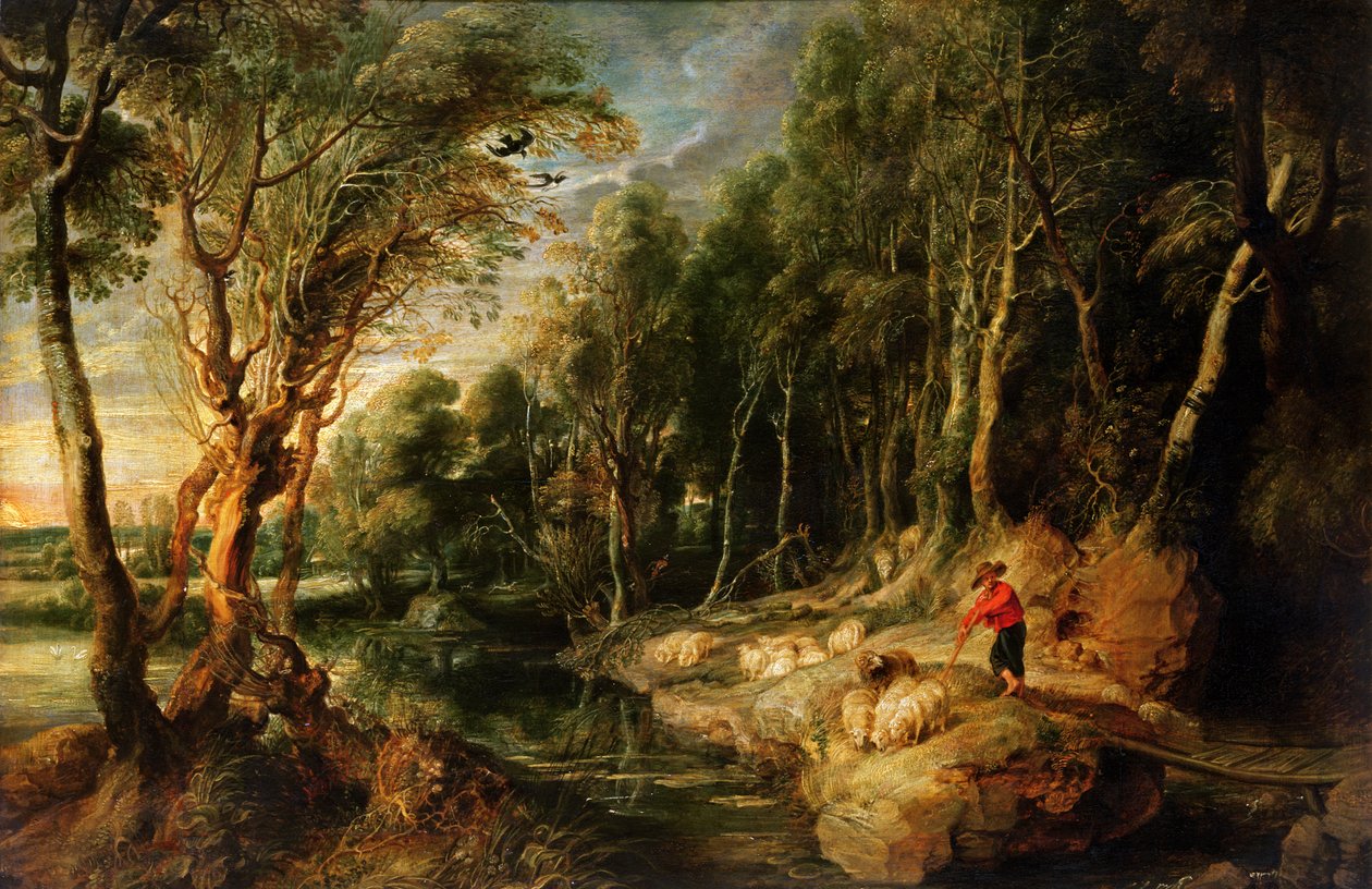 一个牧羊人与他的羊群在伍迪景观，c.1615-22（橡木油） 作者 彼得·保罗·鲁本斯