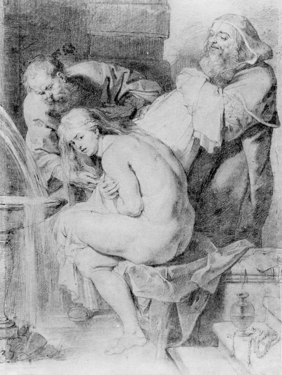 苏珊娜和长老，由卢卡斯·沃斯特曼（Lucas Vorsterman）绘制，1620年（粉笔，钢笔和墨水在纸上） 作者 彼得·保罗·鲁本斯