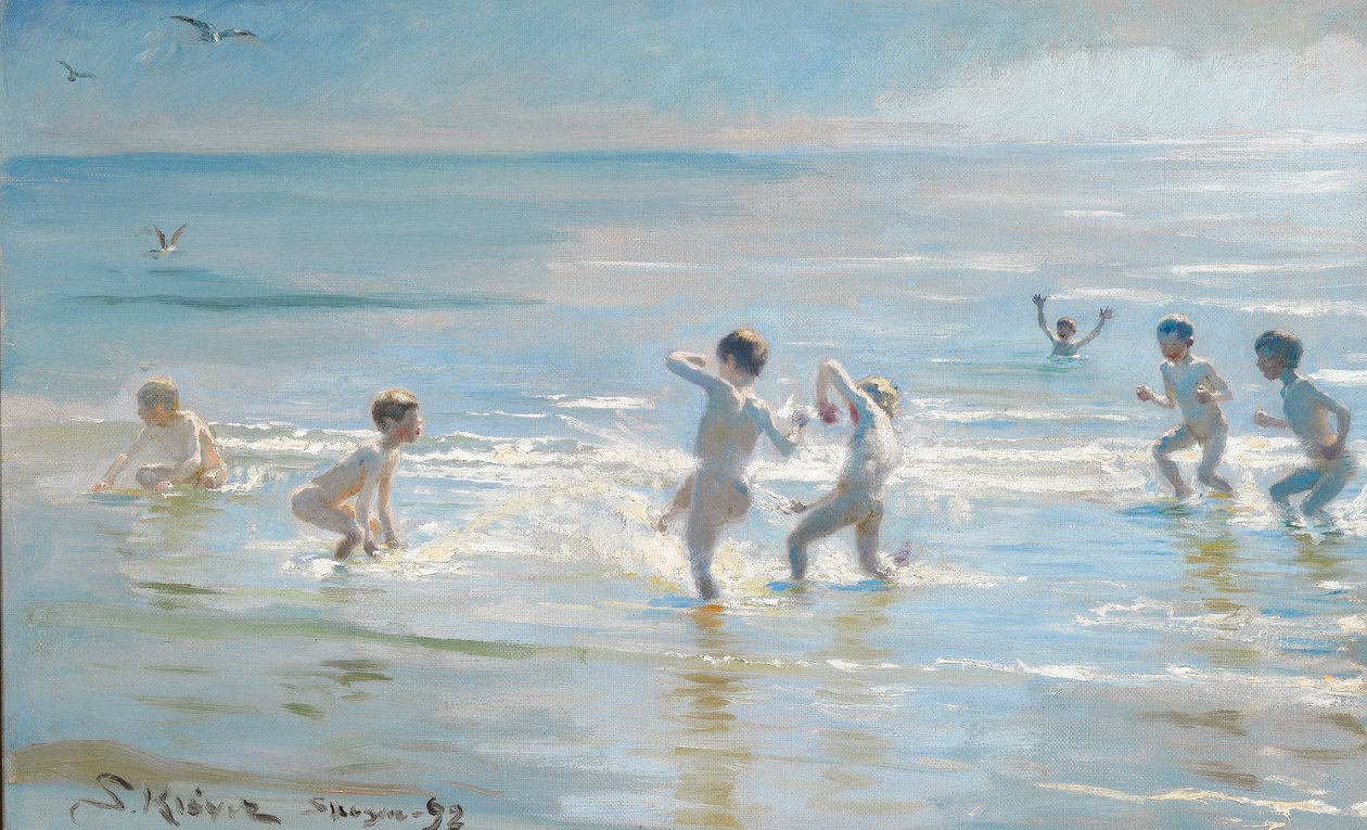 一群男孩在阳光照射的水中出来 作者 Peder Severin Krøyer