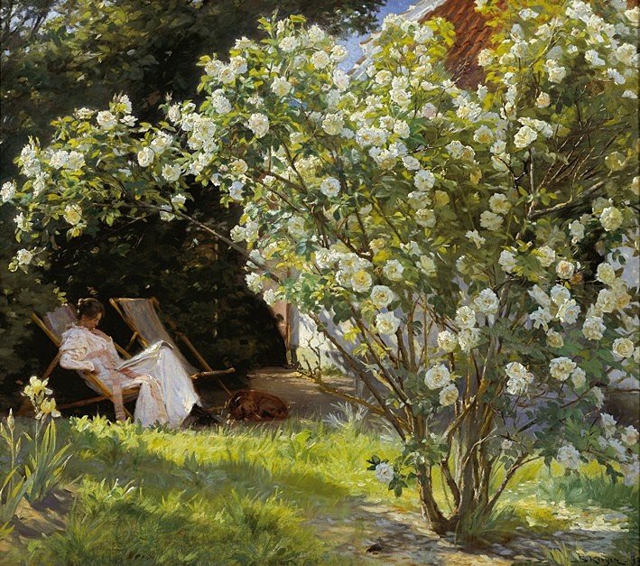 玛丽坐在躺椅上，阅读 作者 Peder Severin Krøyer