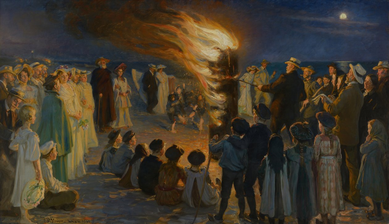 在斯卡恩斯海滩的仲夏前夕篝火 作者 Peder Severin Krøyer