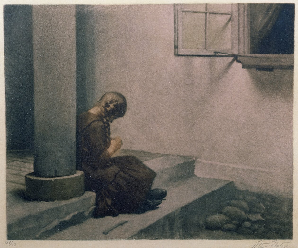 女孩坐在台阶上（彩色mezzotint） 作者 彼得·威廉·伊尔斯特德
