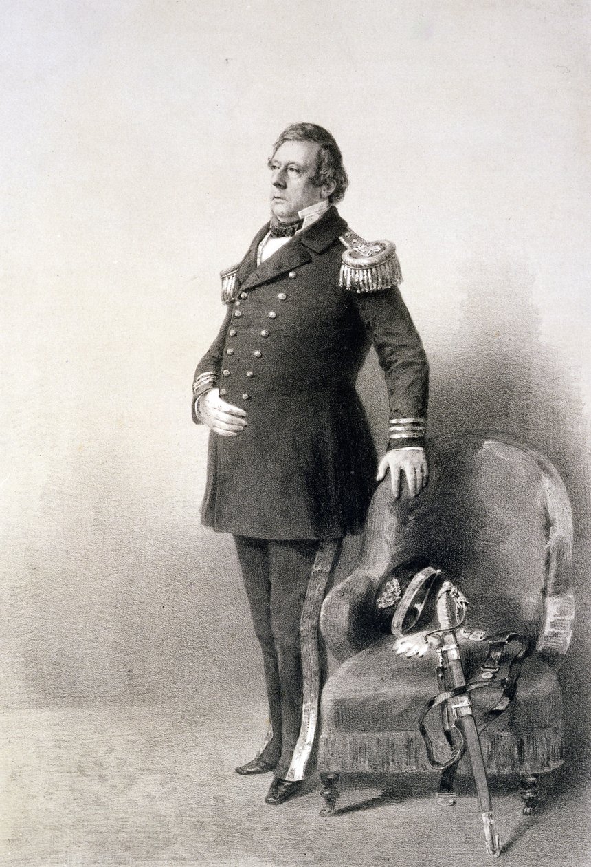 来自“日本远征中的图形场景”的Commodore Matthew Calbraith Perry（1794-1858），由P. Haas雕刻，1856年出版（照相凹版） 作者 彼得·伯恩哈德·威廉·海涅