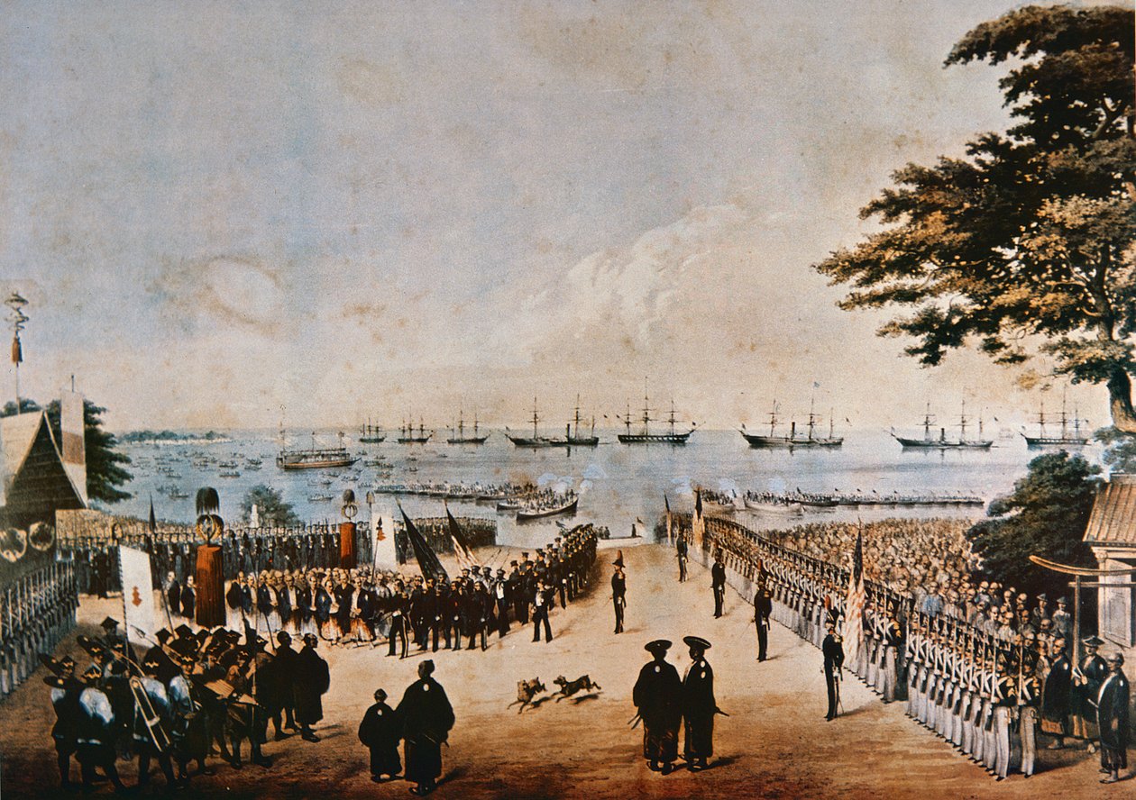 1854 年 3 月 8 日，佩里准将抵达日本，在横滨会见帝国专员 作者 彼得·伯恩哈德·威廉·海涅