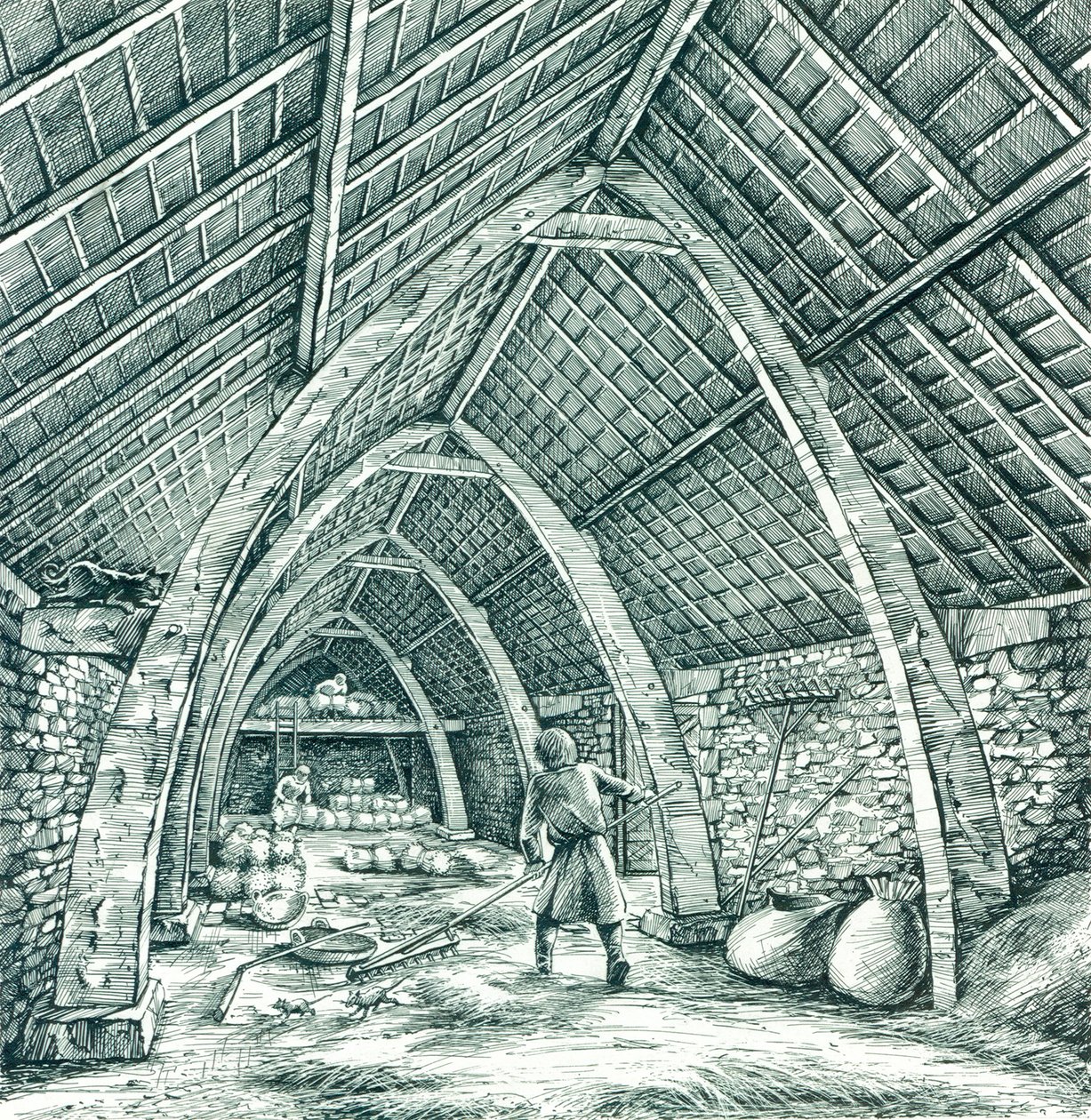中世纪的牧师谷仓，Wharram Percy，北约克郡，c1988-c2005。   作者 彼得·邓恩