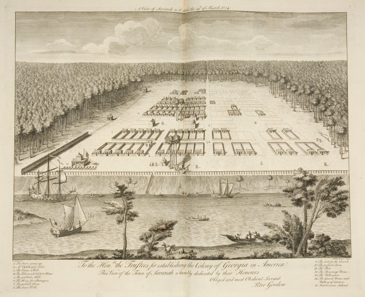 1734年3月29日站立的萨凡纳景观，由伦敦P. Fourdrinier雕刻，约1735年（雕刻） 作者 彼得·戈登