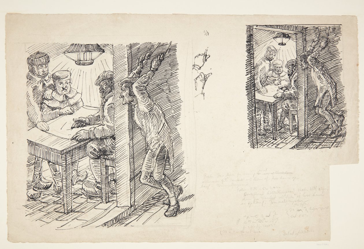 汉斯-马德森（Hans Madsen）神父的两张草稿，他被拇指吊起，聆听敌人的劝告 作者 彼得·汉森