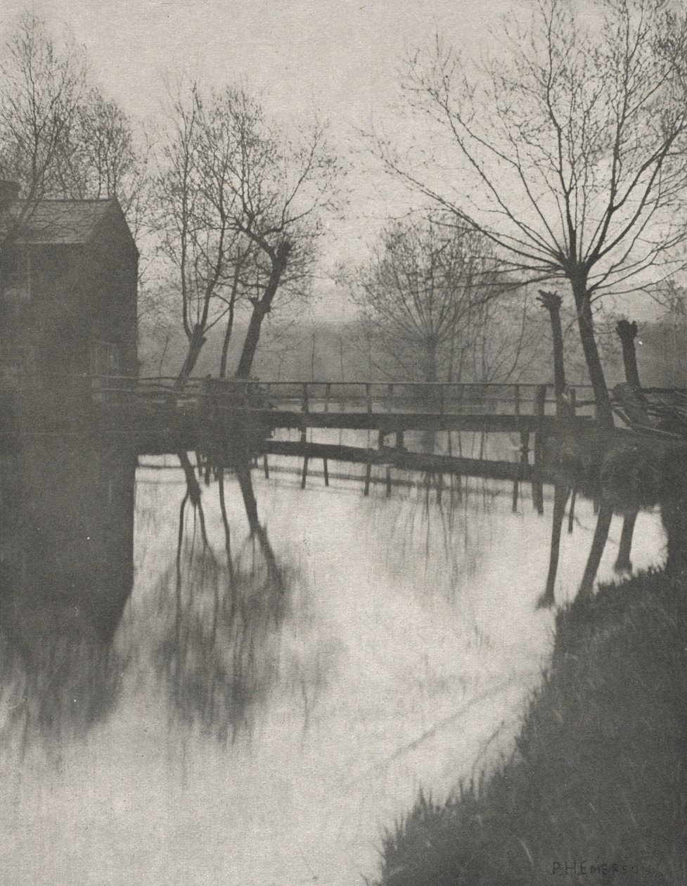 Chingford附近的人行天桥，来自The Compleat Angler，1888年。 作者 彼得·亨利·爱默生