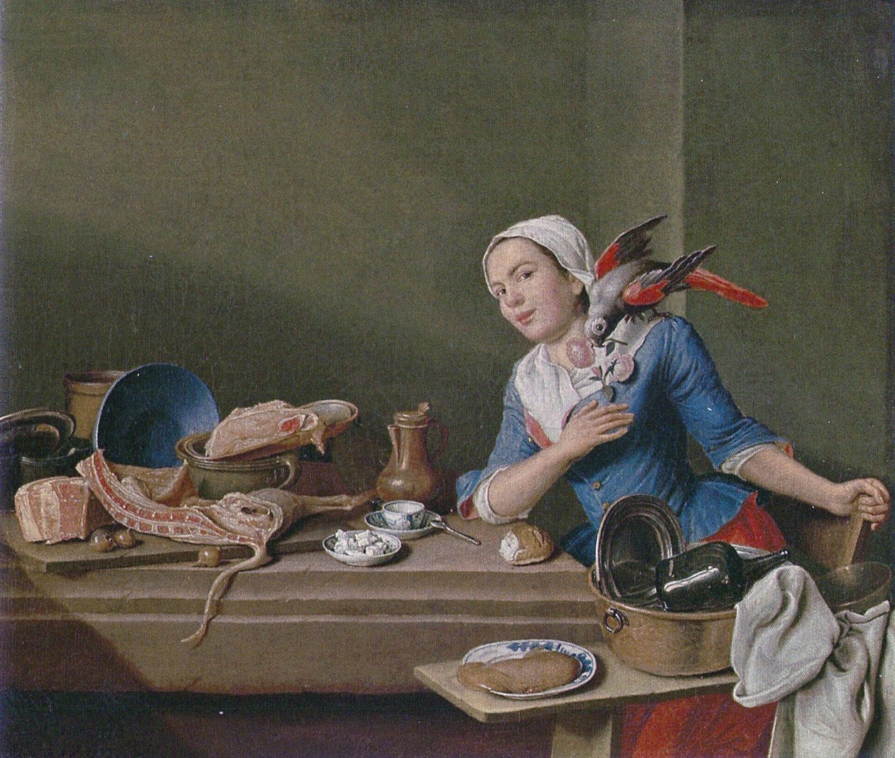 带女性人物和鹦鹉的厨房静物（感觉）
替代标题：

感觉 作者 彼得·雅各布·霍尔曼斯
