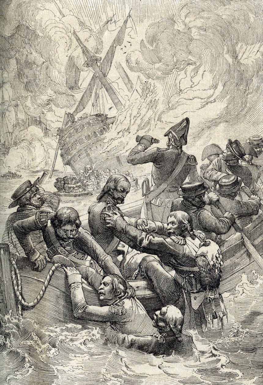 埃及的远征：1798 年 8 月尼罗河战役（阿布基尔战役）中东方人的毁灭》（阿布基尔湾战役：1798 年 8 月尼罗河战役中东方人的毁灭）羽毛画出自《埃及历史纪念册》（Historische Memorabilian des In）。 作者 Peter Johann Nepomuck Geiger