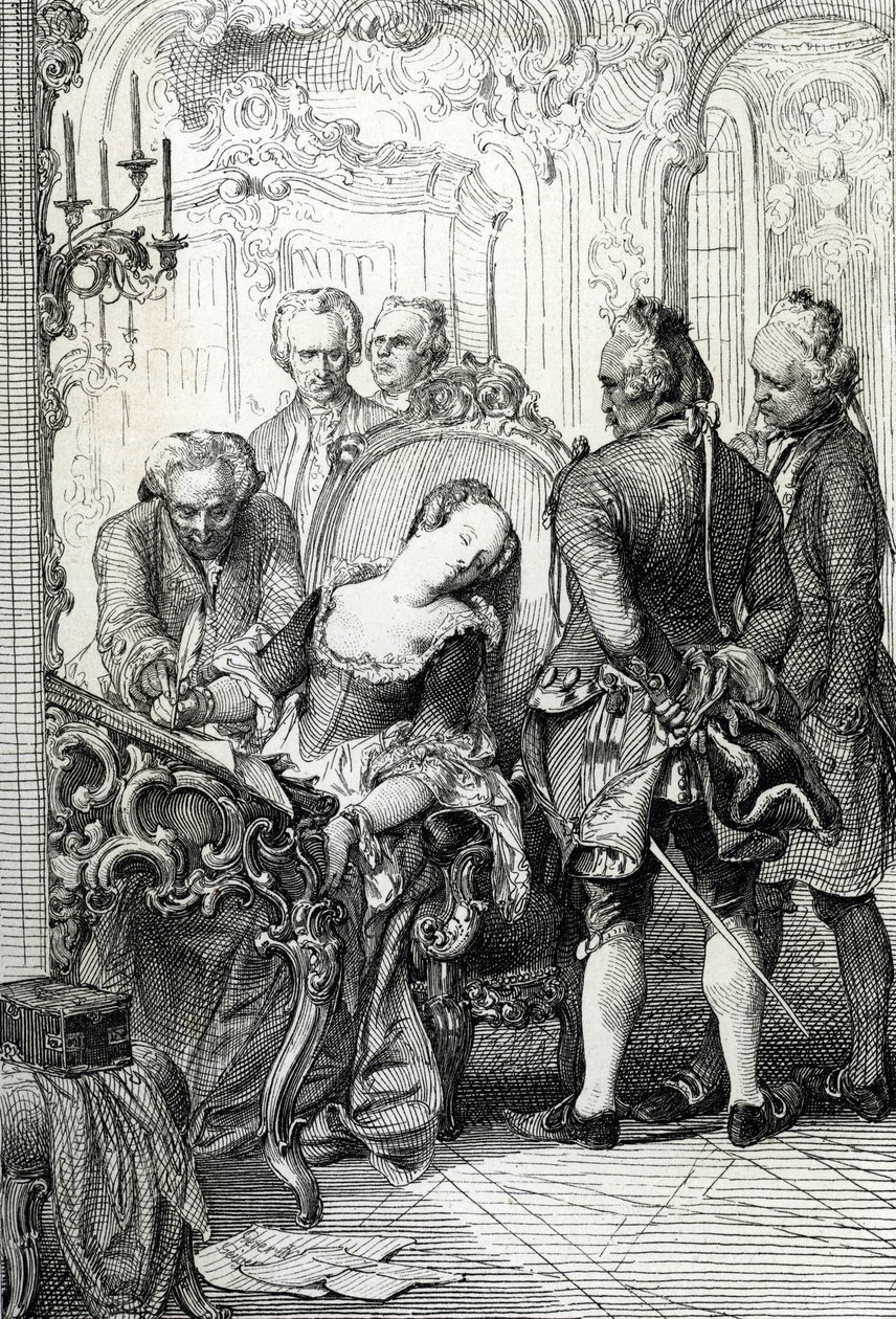 丹麦女王卡罗琳·玛蒂尔德 (Caroline-Mathilde) (1751-1775) 在 1772 年婚外冒险后被迫签署离婚文件（丹麦女王卡罗琳·玛蒂尔达于 1772 年 4 月因通奸而签署离婚文件） 作者 Peter Johann Nepomuck Geiger