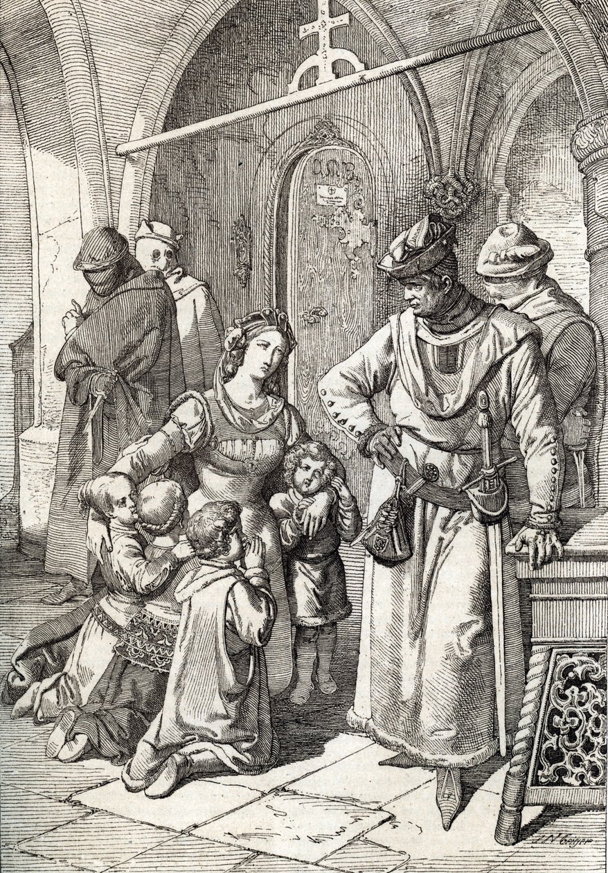 葡萄牙彼得一世（Pedro I）的第二任妻子贵族夫人伊内斯·德·卡斯特罗（Ines de Castro，1320-1355）在修道院被刺杀圣克拉拉·德·科英布拉，葡萄牙1355年（葡萄牙国王彼得一世的妻子伊内斯·卡斯特罗在修道院被谋杀） 科罗拉多州圣克拉拉 作者 Peter Johann Nepomuck Geiger