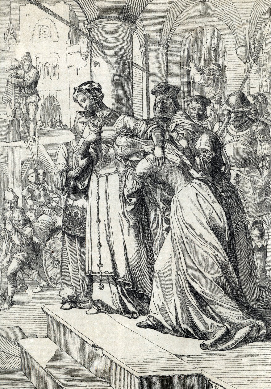 简·格雷夫人的处决 (Jeanne Grey) (1537-1554) 简·格雷于 1554 年在伦敦塔被处决（简·格雷夫人的处决）安东·齐格勒的“Historische Memorabilian des In-und Auslandes”中的羽毛画 作者 Peter Johann Nepomuck Geiger