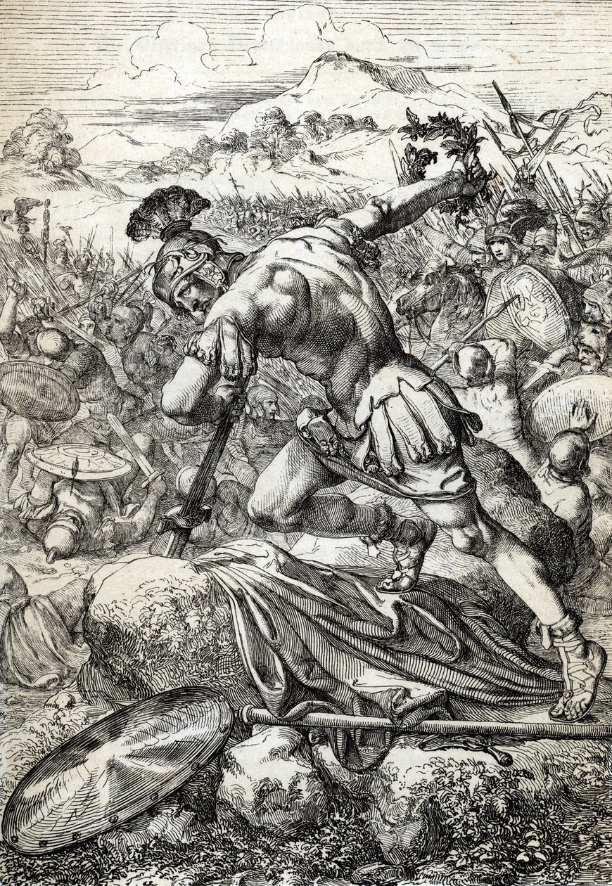 罗马将军瓦鲁斯 (Publius Quinctilius Varus)（公元前 46 年 - 公元 9 年）在条顿堡战役（Teutoburger Wald 或 Teutberg）中于公元 9 年对抗罗马人与日耳曼人的战役中用剑自杀（罗马将军瓦鲁斯在战役中自杀） 条顿堡的 作者 Peter Johann Nepomuck Geiger