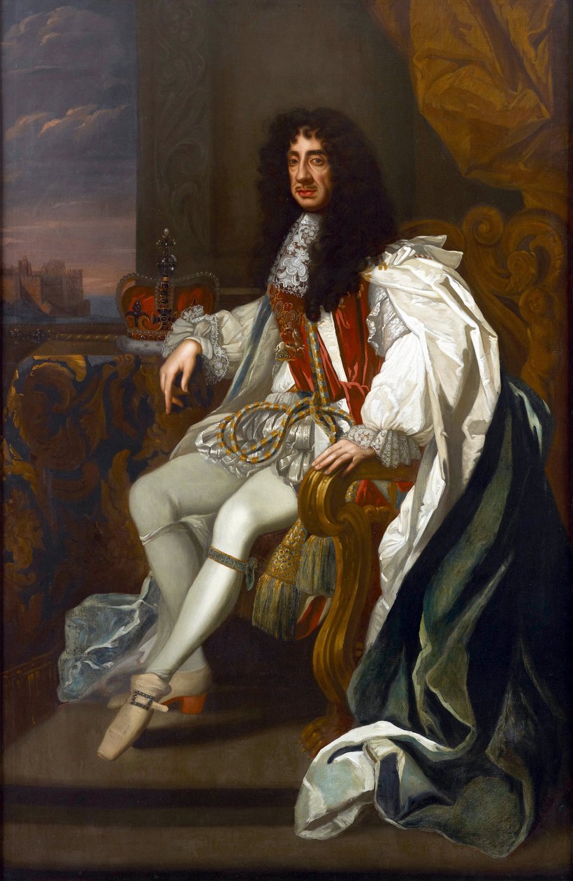 巴洛克风格:英国查理二世(1630-1685)的肖像，身穿吊袜带长袍，由彼得-莱利爵士(1618-1680)绘制。布面油画，213,5x140。私人收藏 作者 彼得·莱利