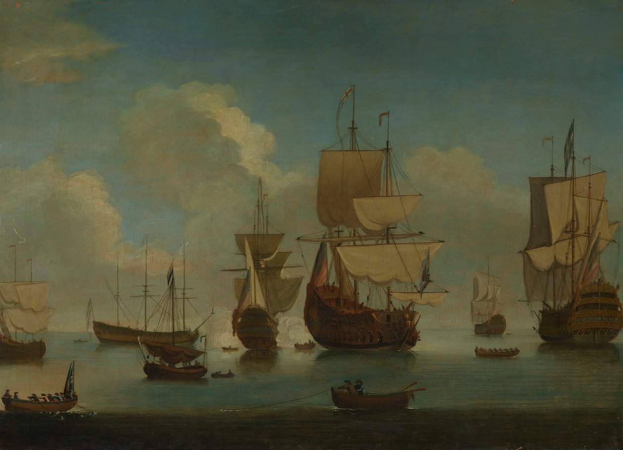 英国战舰在平静中抛锚晾帆，18 世纪早期（布面油画） 作者 彼得·莫纳米
