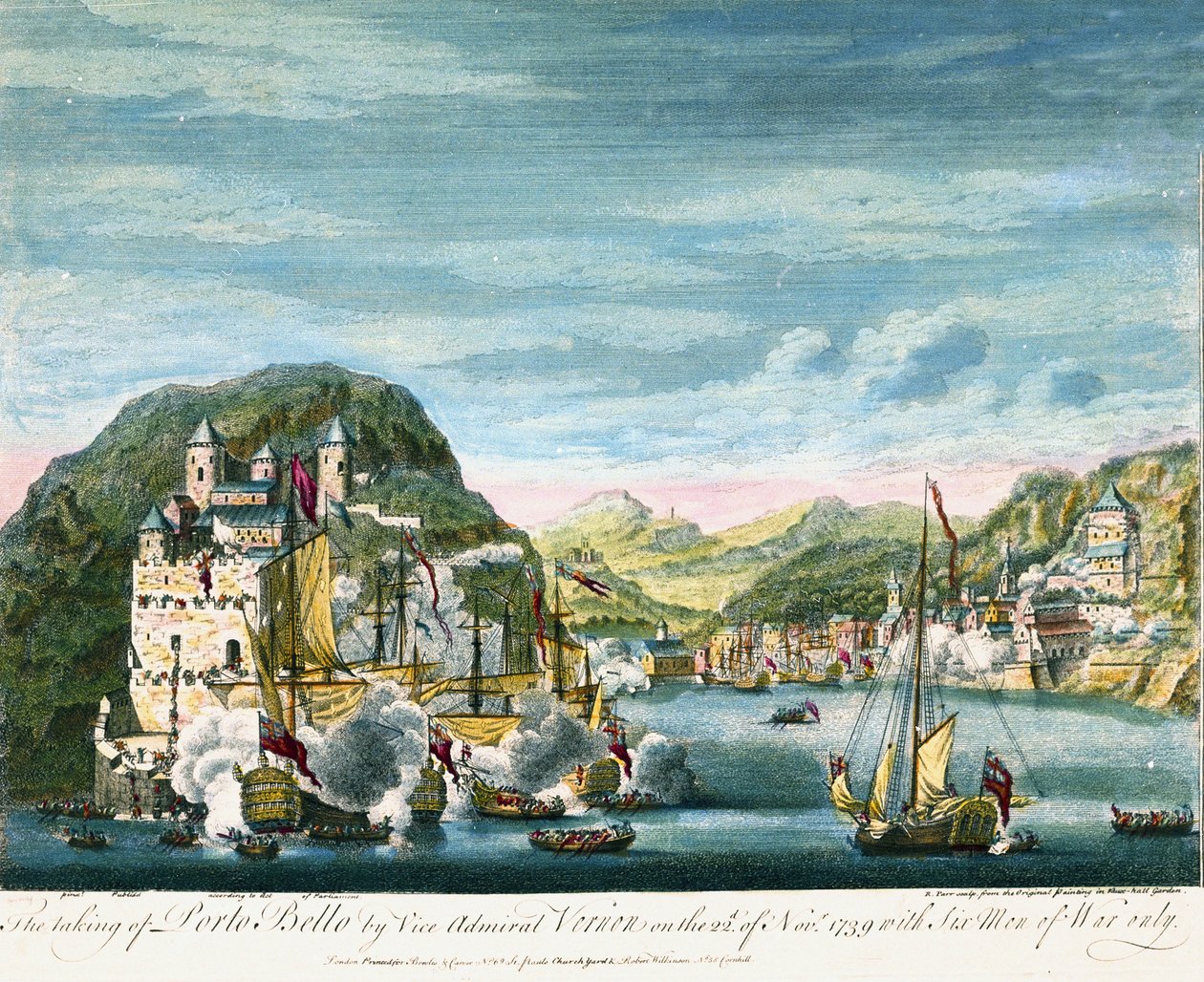 詹金斯之耳战争："1739 年 11 月 21 日夺取并摧毁贝洛港"，发生在加勒比海地区，英国和西班牙的殖民舰队和军队在此发生冲突。 作者 彼得·莫纳米