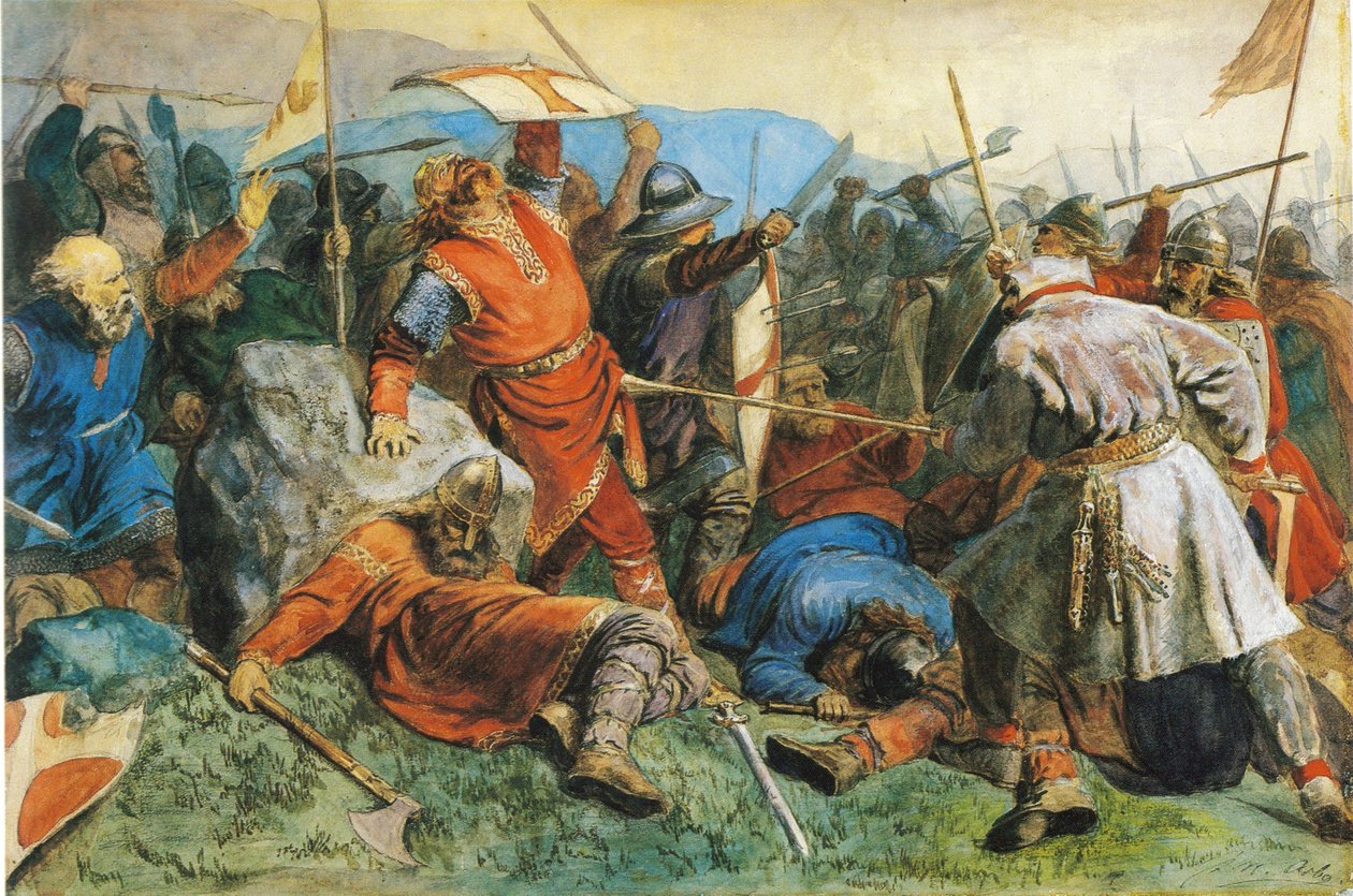 圣奥拉夫（Saint Olav）在Stiklestad战役中，1859年 作者 彼得·尼古拉·阿尔博