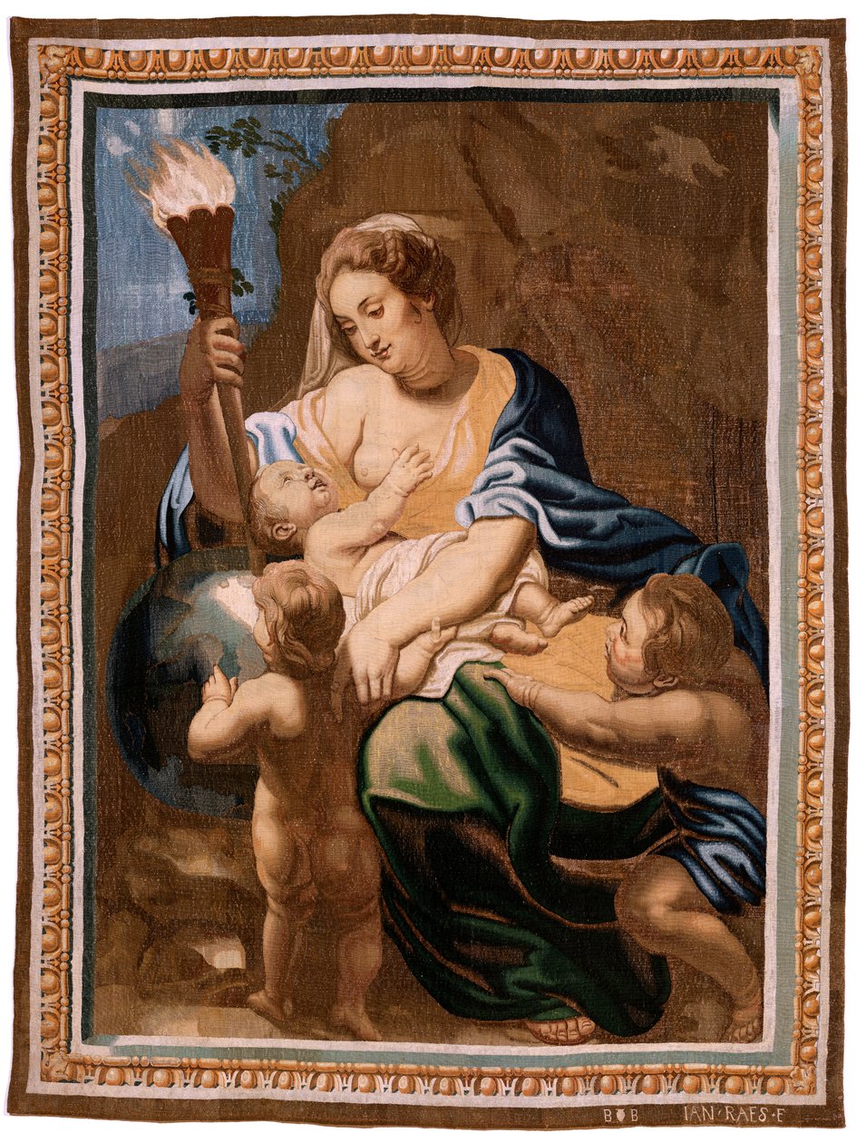 弗拉芒挂毯系列圣餐的胜利。慈爱照亮世界的寓言（Alegoría de la Caridad iluminando al mundoà）。该系列的第二十幅挂毯。模型：彼得-保罗-鲁本斯。1626-1628.布鲁塞尔 Jan II Raes 制造 作者 彼得·保罗（后）鲁本斯