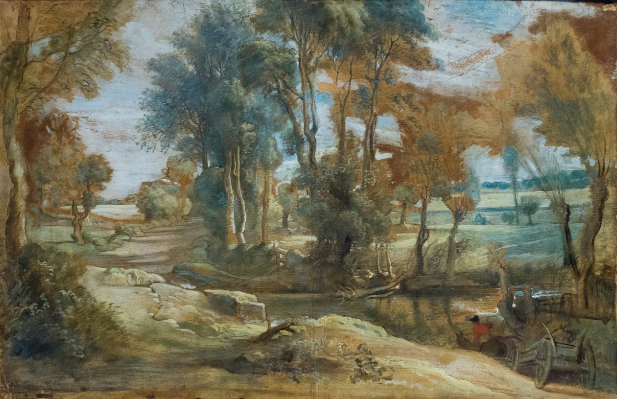 淌过小溪的马车，约 1625-40（纸上黑色粉笔和油彩，粘在画布上） 作者 彼得·保罗·鲁本斯