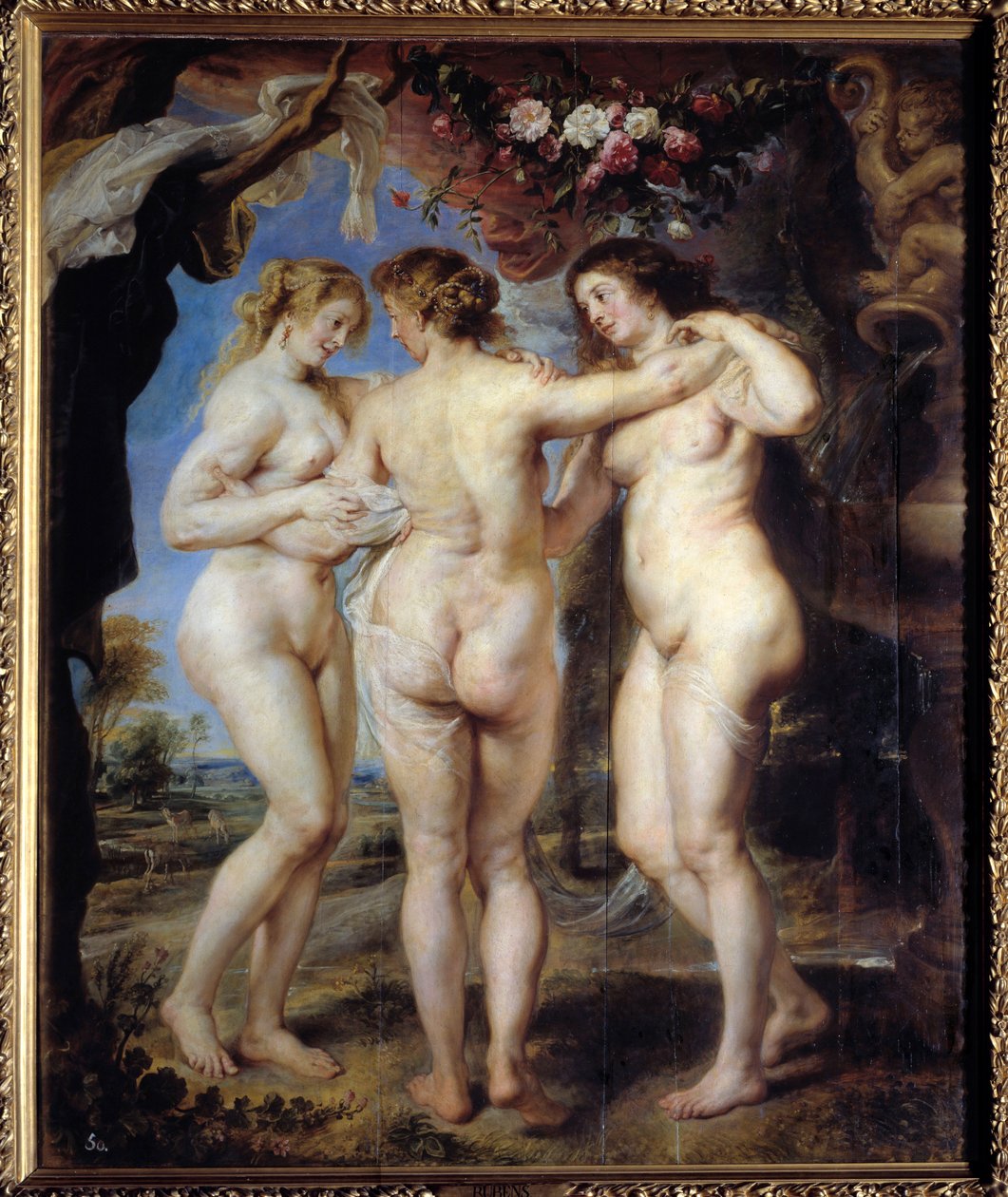 三个恩宠。 皮埃尔·保罗 (Pierre-Paul) Rubens (或 Peter Paul 或 Petrus Paulus) 的绘画 (1577-1640) 作者 彼得·保罗·鲁本斯