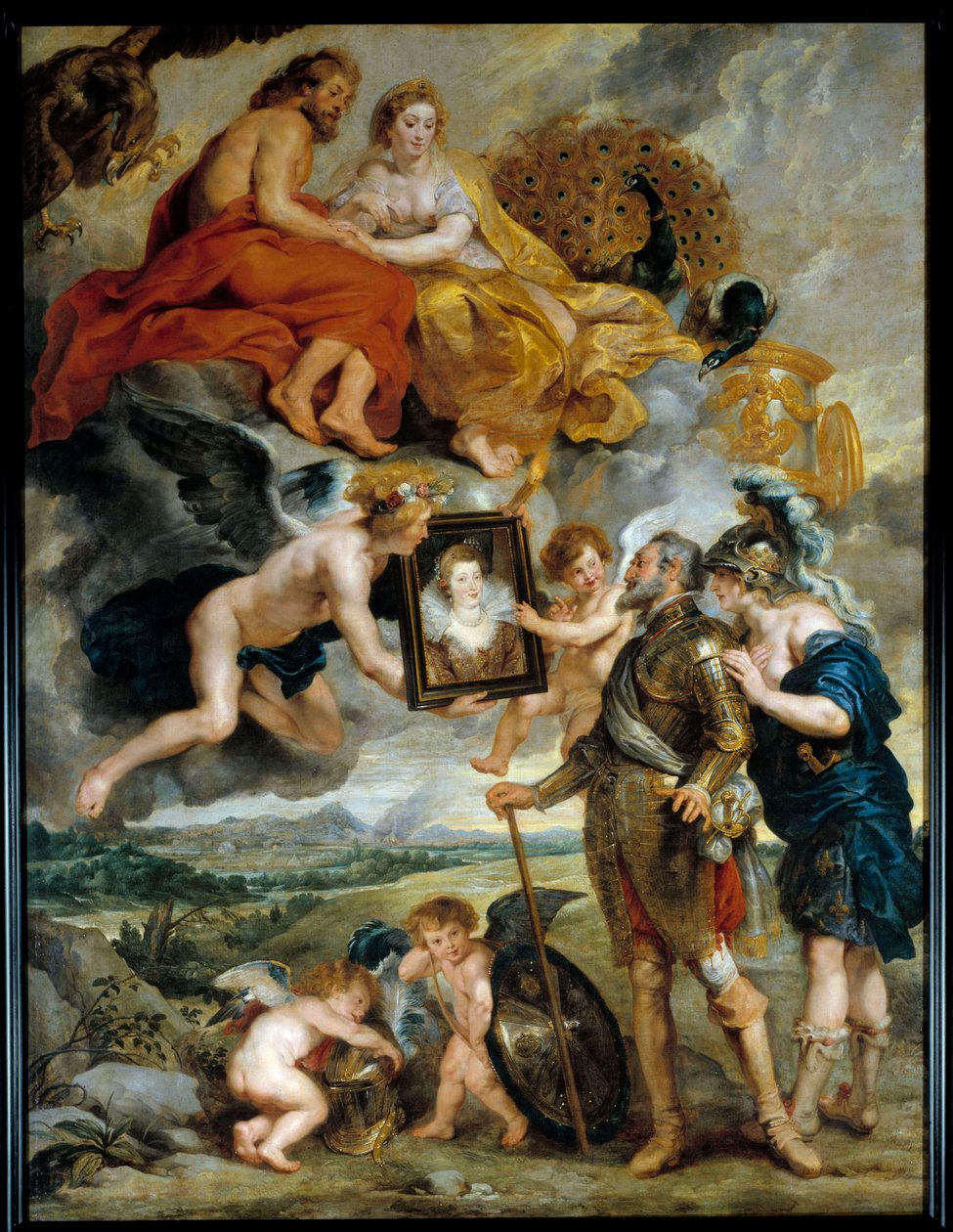 Cycle des Medicis：“”法国国王亨利四世（1553-1610）收到玛丽·德·美第奇斯（1573-1642）的肖像“”皮埃尔·保罗（Pierre-Paul）鲁本斯（或彼得·保罗或Petrus Paulus）的绘画（ 1577-1640）17 世纪太阳。 3,9x2,9 m 作者 彼得·保罗·鲁本斯