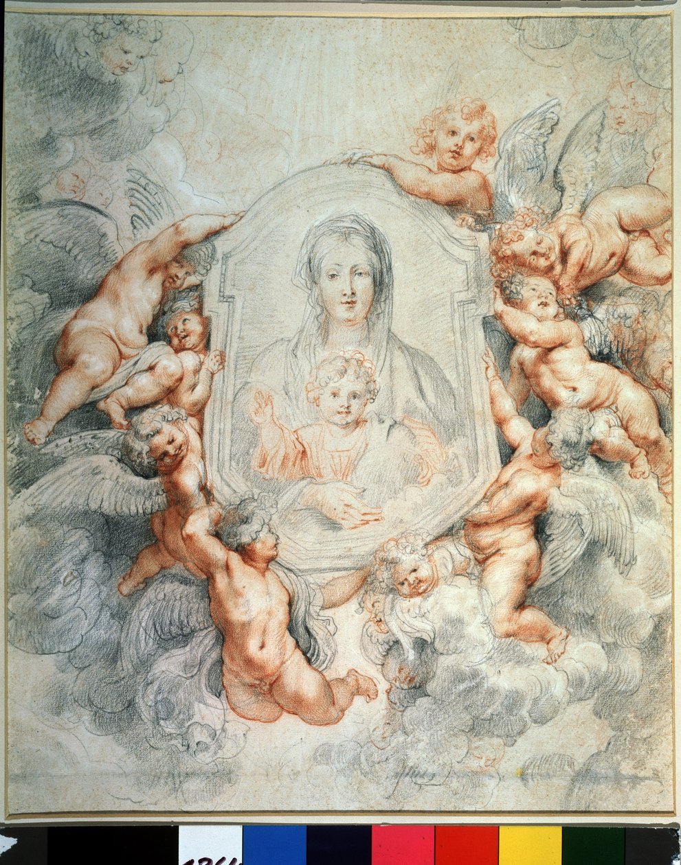 天使崇拜的圣母和圣婴（天使崇拜的圣母，Madonna della vallicella）。画中画。彼得-保罗（皮埃尔-保罗）-鲁本斯（或彼得-保罗或佩特鲁斯-保罗斯）（1577-1640 年）绘制。纸上粉笔和红色粉笔，40.4 x 37 厘米 作者 彼得·保罗·鲁本斯