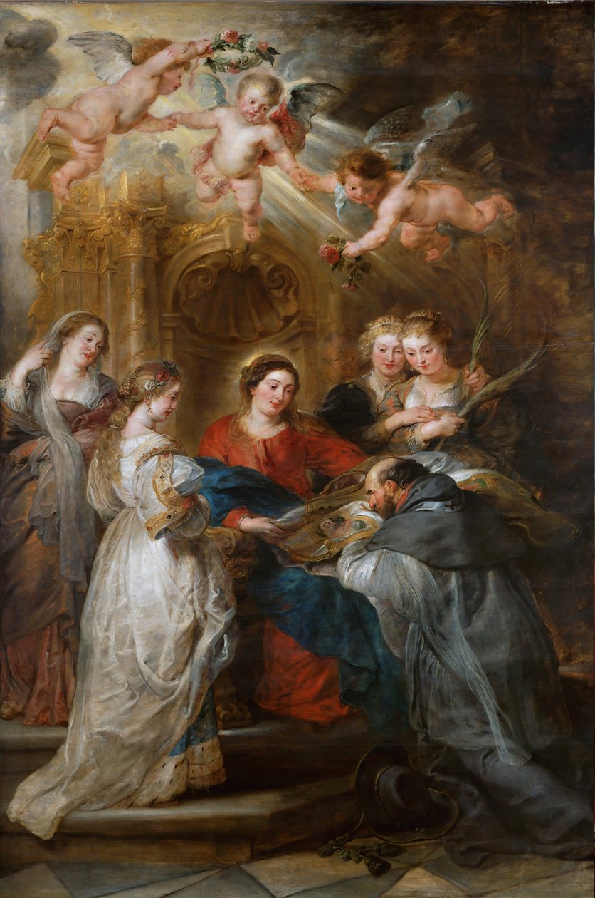 La vision de Saint Ildefonse (606-667), la Vierge lui donne une chasuble - Panneau central du retable de saint Ildefonso - Ildefonso Altarpiece的中央面板，由Rubens, Pieter Paul（1577-1640）创作。木质油彩，约1630-1631年。艺术史博物馆，维埃纳 作者 彼得·保罗·鲁本斯