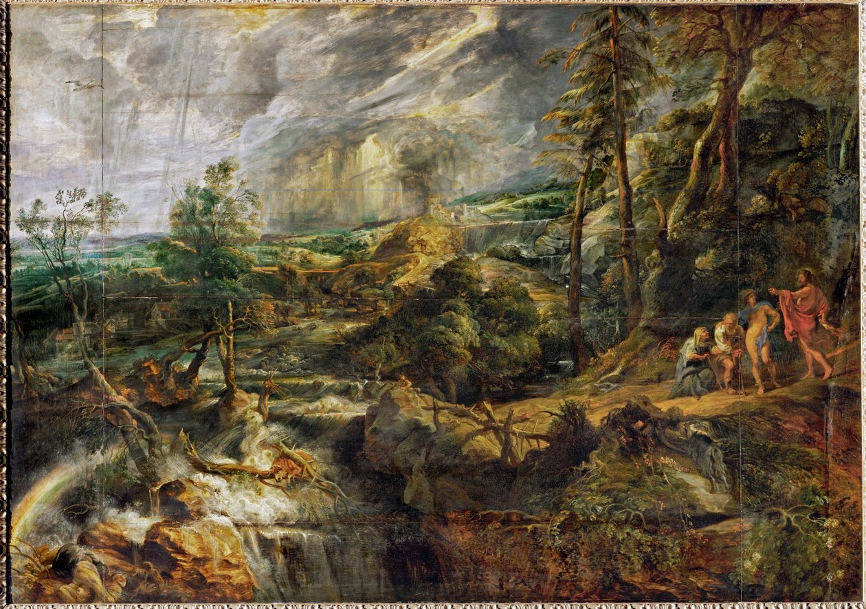 雷雨中的风景，菲利蒙和鲍西斯，朱庇特和墨丘利，约 1620 年（木板油画） 作者 彼得·保罗·鲁本斯