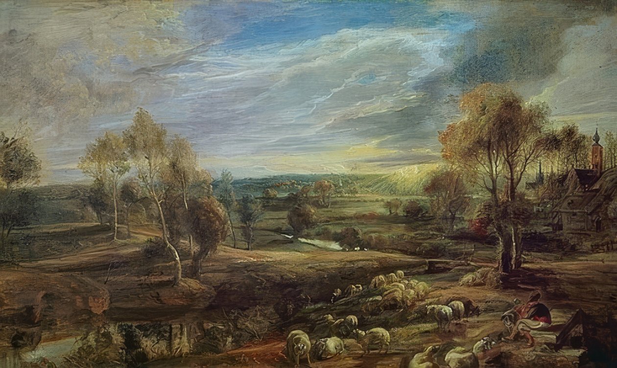 与牧羊人和他的羊群的风景。约于1638年 作者 彼得·保罗·鲁本斯