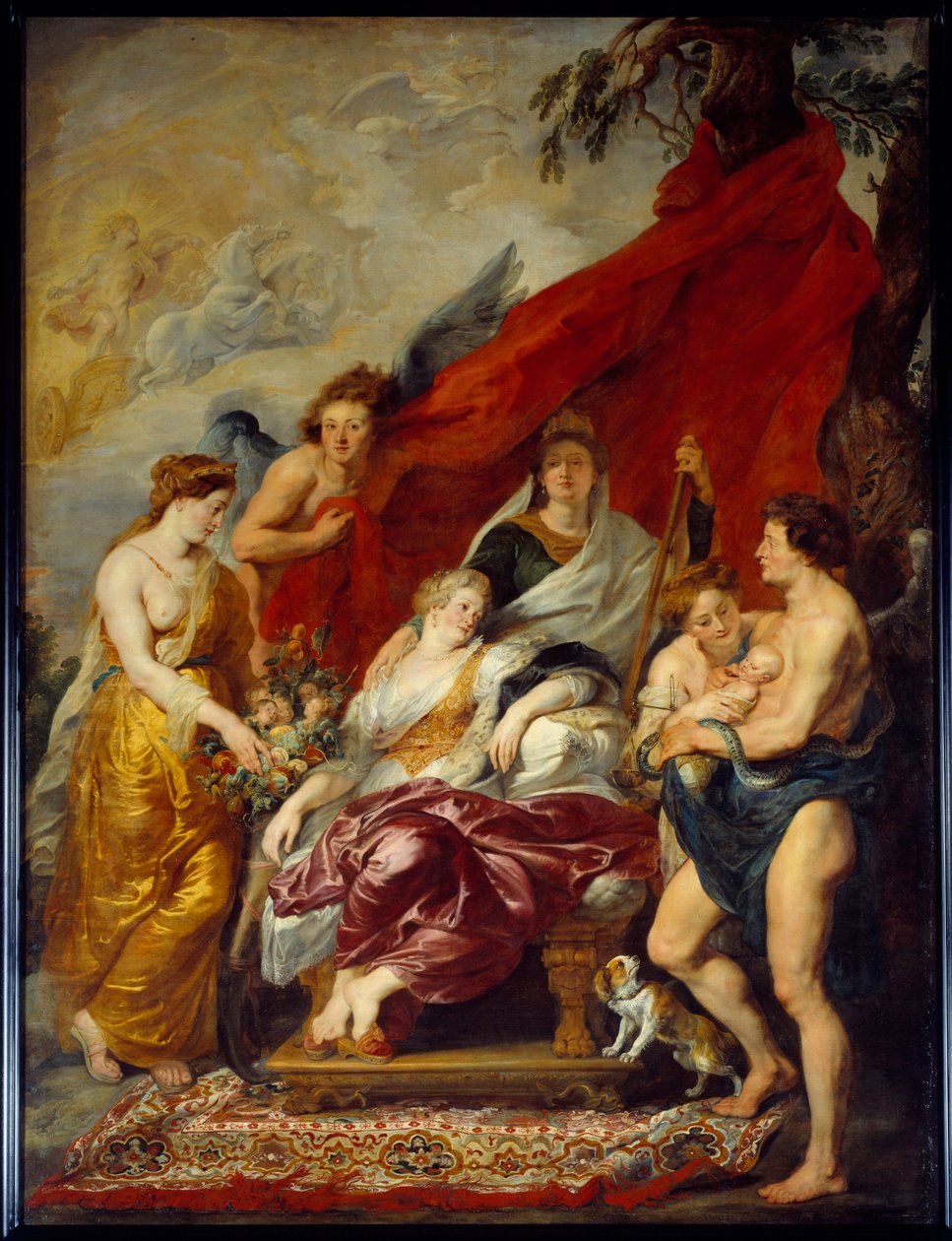 Louis XIII was born in Fontainebleau on 27 September 1601. His mother Marie de Medicis (Maria de Medici) sits on the throne and looks at the new ne. Painting by Pierre Paul (Pierre-Paul) Rubens (or Peter Paul or Petrus Paulus) (1577-1640) 作者 彼得·保罗·鲁本斯