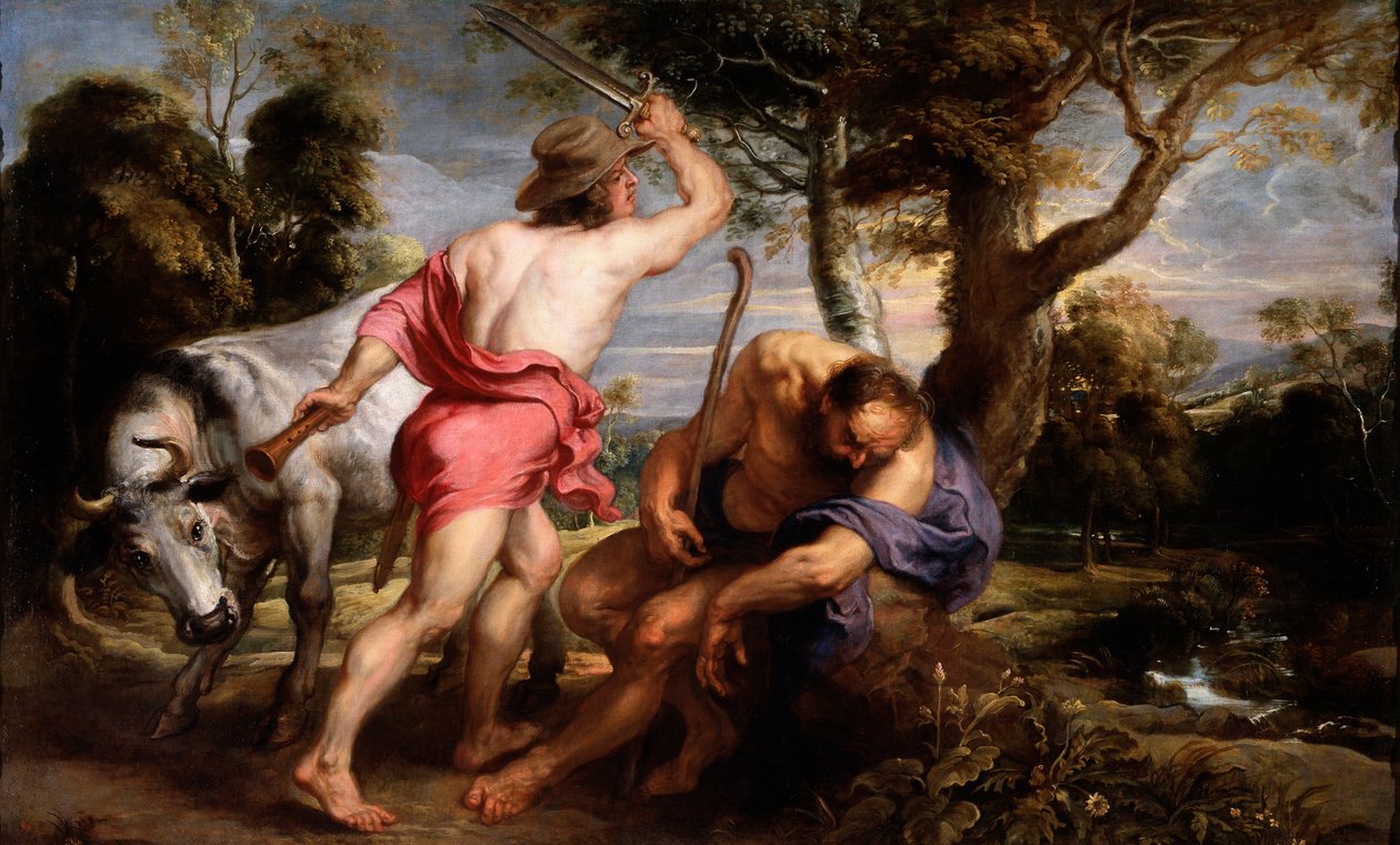 "" Mercury and Argus "" 墨丘利受宙斯指示让艾欧的守护者阿古斯入睡，赫拉 (Mercury and Argus) 将画作 Pieter Paul Rubens (1577-1640) 1636-1638 Dim 180x298 cm 普拉多博物馆，马德里 作者 彼得·保罗·鲁本斯