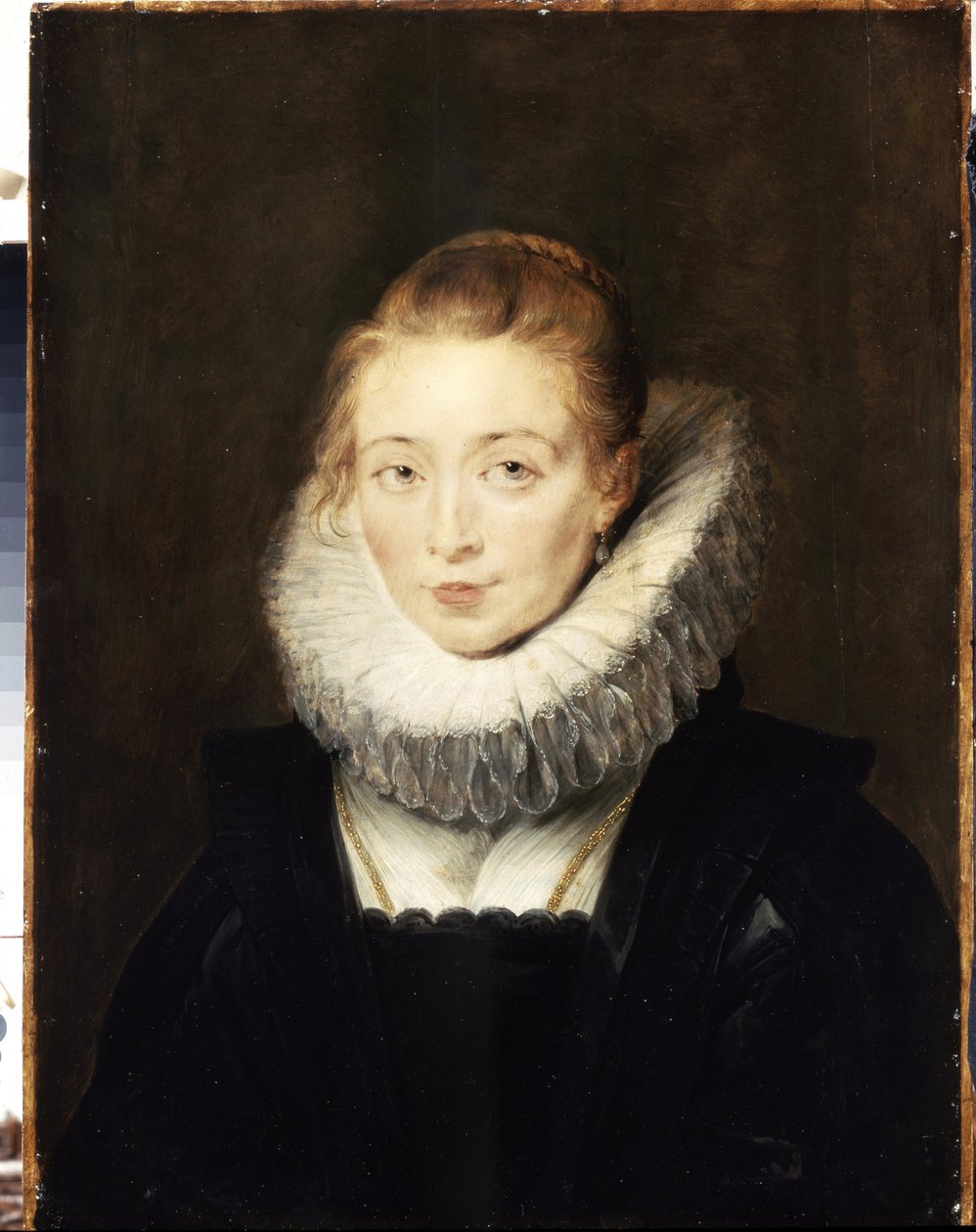 伊莎贝尔王后（1566-1633 年）的侍女肖像。她戴着草莓围脖。(伊莎贝拉王后的侍女肖像）。彼得-保罗（皮埃尔-保罗）-鲁本斯（或彼得-保罗或佩特鲁斯-保罗斯）（1577-1640 年）的作品。油画 作者 彼得·保罗·鲁本斯