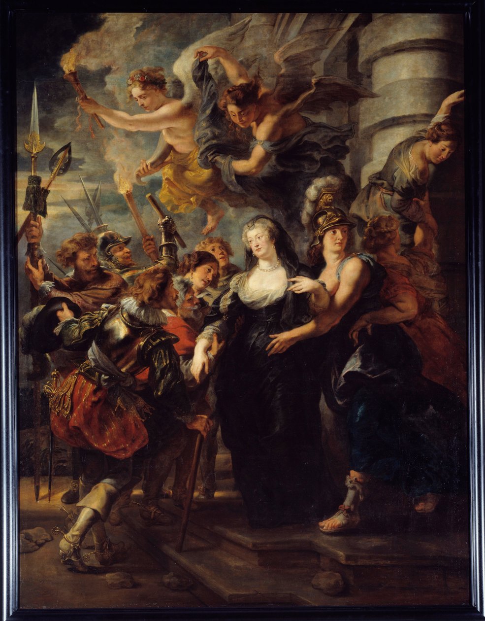 1619 年 2 月 21 日至 22 日晚，玛丽·德·美第奇斯 (Marie de Medicis) 王后 (1573-1642) 从布卢瓦城堡 (Chateau de Blois) 逃离。“母子之战”期间，流亡在布卢瓦 (Blois) 的法国王后逃往昂古莱姆 (Angouleme)。 手持火炬的天使引导女王走上正确的道路。 疼痛 作者 彼得·保罗·鲁本斯