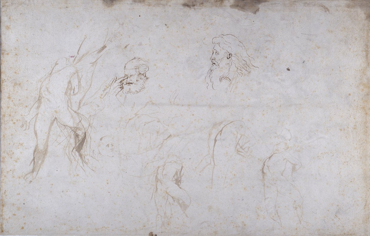 绑在树上的男性形象和两个男性头部的研究，约1601年（纸上笔墨）。 作者 彼得·保罗·鲁本斯