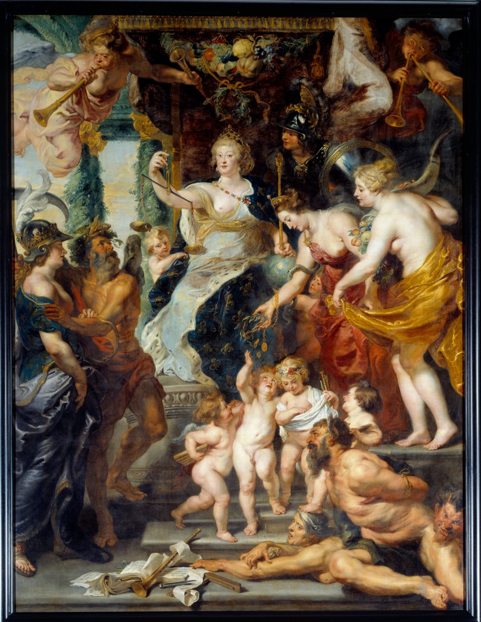 摄政时期的快乐 表现了美第奇皇后玛丽（Maria de Medici）（1573-1642）在摄政时期的得意之作。皮埃尔-保罗（Pierre-Paul）-鲁本斯（或彼得-保罗或佩特鲁斯-保罗）（1577-1640）的画作，17世纪的太阳。3,94x2,95米 作者 彼得·保罗·鲁本斯