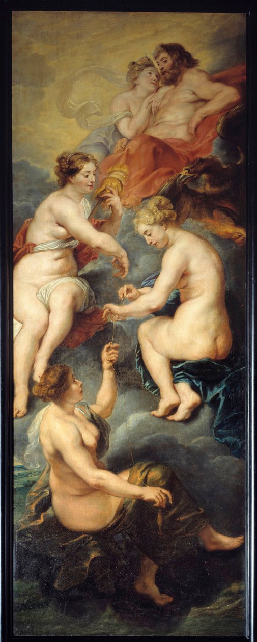 Parques 旋转着美第奇斯玛丽 (1573-1642) 的命运 Parques、Clotho、Lachesis 和 Atropos 是人类命运的主神。 画作 Pierre Paul (Pierre-Paul) Rubens (或 Peter Paul 或 Petrus Paulus) (1577-1640) 17 世纪。 D 作者 彼得·保罗·鲁本斯