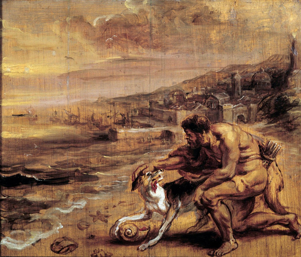 The discovery of the purple A phenician finds thanks to his dog a shell (Murex) producing the red tincture. Wash painting by Pierre Paul (Pierre-Paul) Rubens (or Peter Paul or Petrus Paulus) (1577-1640) 17th century Sun. 0,28x0,34 m Bayonne, Musee Bonnat 作者 彼得·保罗·鲁本斯