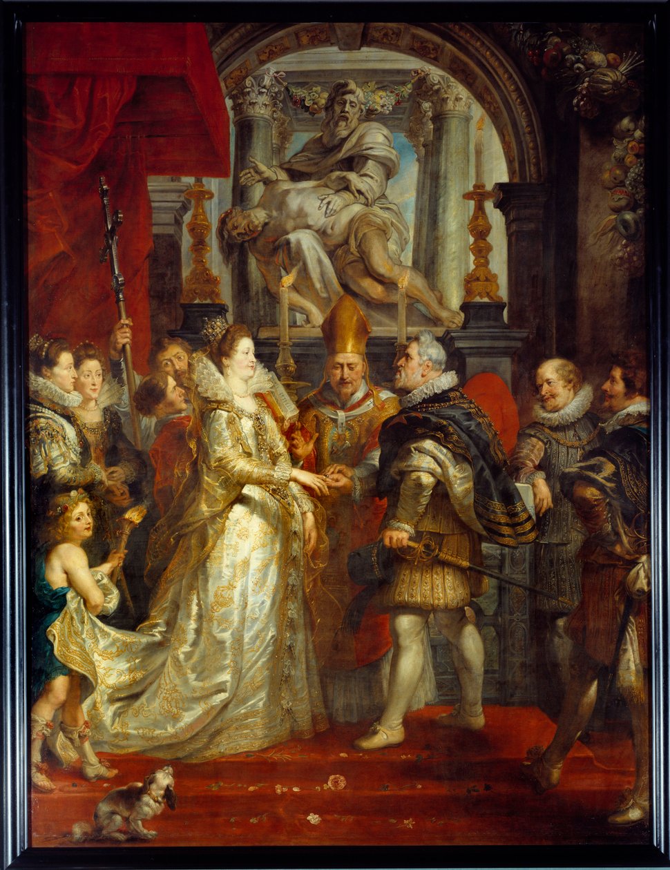 玛丽亚·德·美第奇 (Marie de Medicis) (1573-1642) 和亨利四世于 1600 年 5 月 10 日在佛罗伦萨的代理婚姻。 皮埃尔·保罗 (Pierre-Paul) Rubens (或 Peter Paul 或 Petrus Paulus) (1577-1640) 的绘画。 17世纪太阳。 3,94x2,95 m 作者 彼得·保罗·鲁本斯
