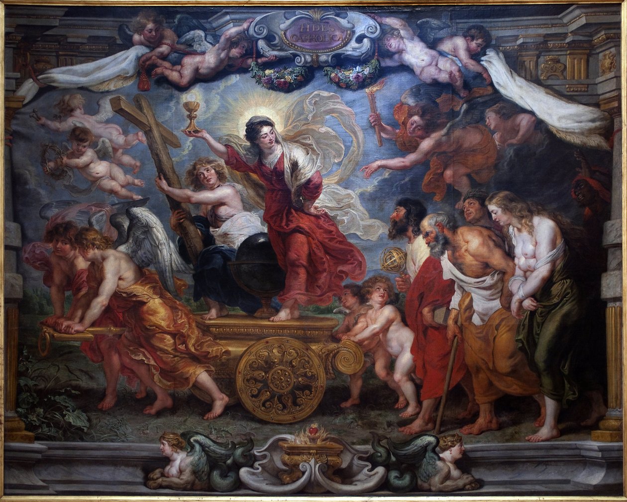 The triumph of the Catholic faith. Allegory of the triumph of the Eucharist over nature, science, philosophy and poetry. A woman mounted on a tank holds a chalice topped by a host, symbol of the Eucharist. Angels hold symbols of the Passion: cross, crown o 作者 彼得·保罗·鲁本斯