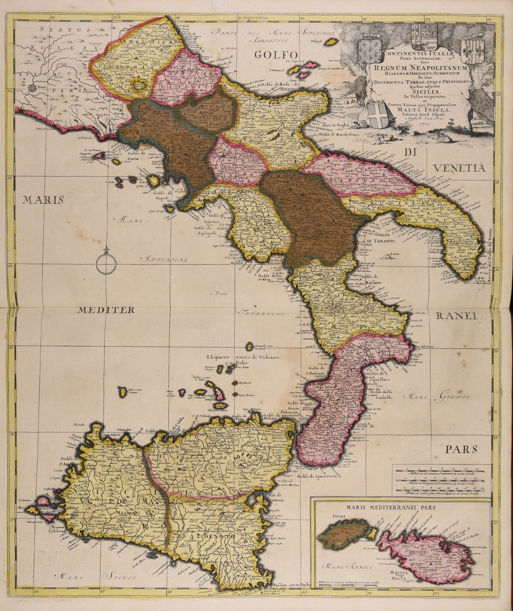 Continentis Italiae pars australior sive regnum Neapolitanum Hispaniae obediens subdivisum in suos districtus terras atque principatus quibus adjectae Sicilia in valles tripartita et contra Turcas ejus propugnaculum Malta insula 作者 彼得·申克
