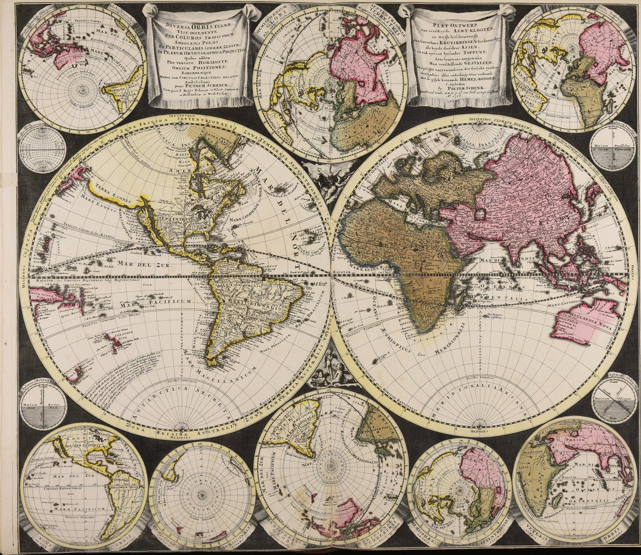 Diversa orbis Terrae visu incedente per coluros Tropicorum ambos ejus polos et particularis sphaerae zenith in planum orthographica projectio quibus additae pro variato horizonte omnium positiones eorumdemque mutua cum circulis caelestibus relatio  Plat O 作者 彼得·申克