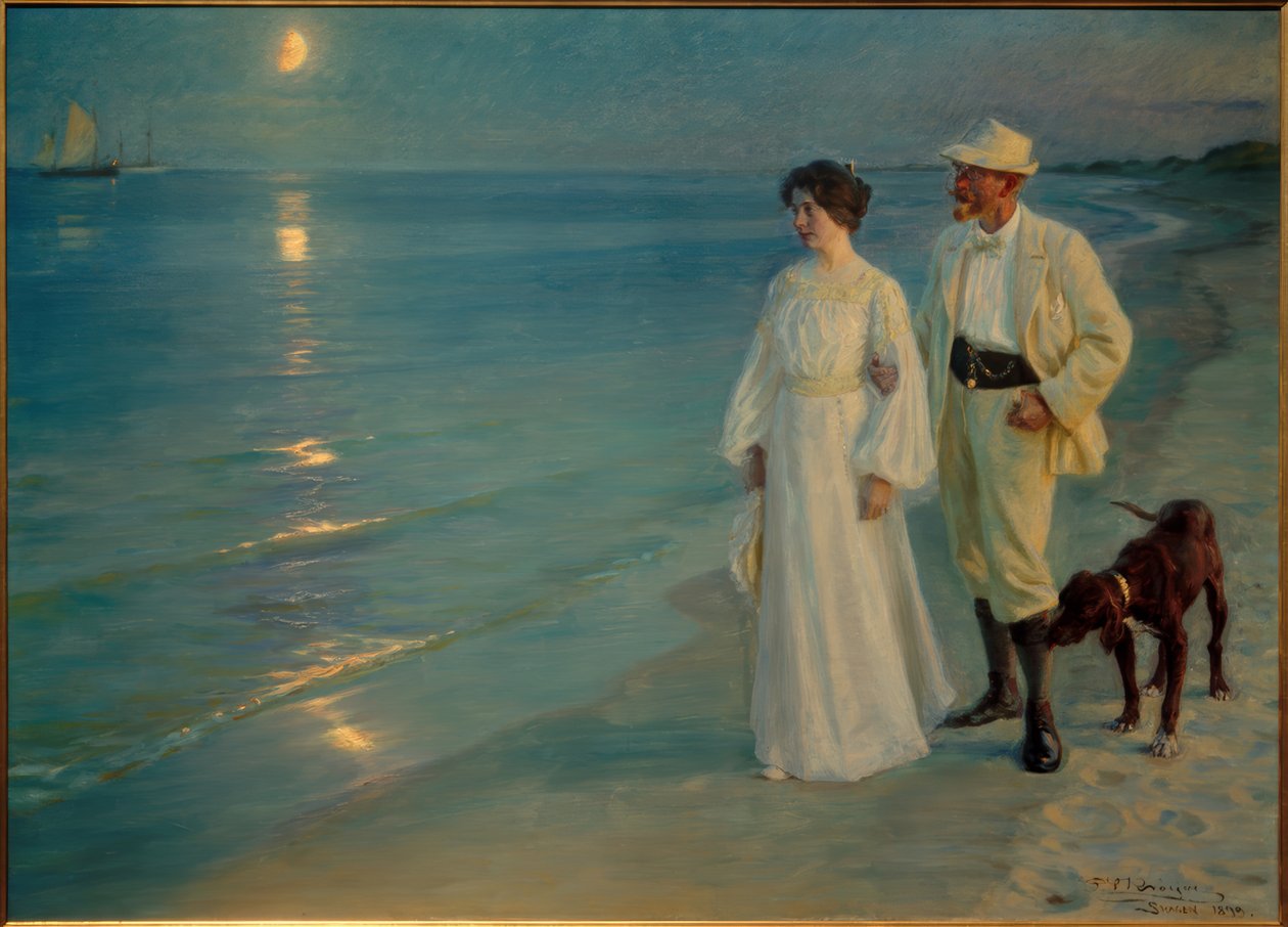 在斯卡恩海滩的夏天晚上。艺术家和他的妻子 作者 Peder Severin Krøyer